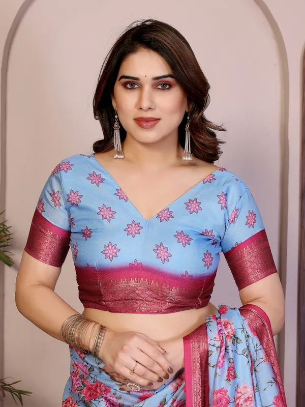 Sky_Blue_Color_Premium_Cotton_Silk_Floral_Print_Designer_Saree_(Product_Code:-80008)
