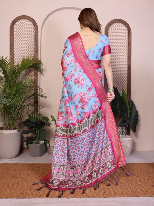 Sky_Blue_Color_Premium_Cotton_Silk_Floral_Print_Designer_Saree_(Product_Code:-80008)