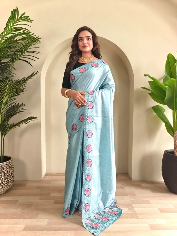 Sky_Blue_Color_Soft_Tussar_Silk_Embroidered_Cutwork_Designer_Saree_(Product_Code_:-_110019_)