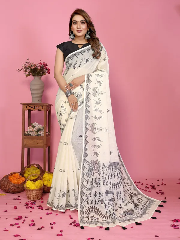 Soft_Linen_Cotton_Warli_Print_Designer_Saree_(Product_Code:-80044)