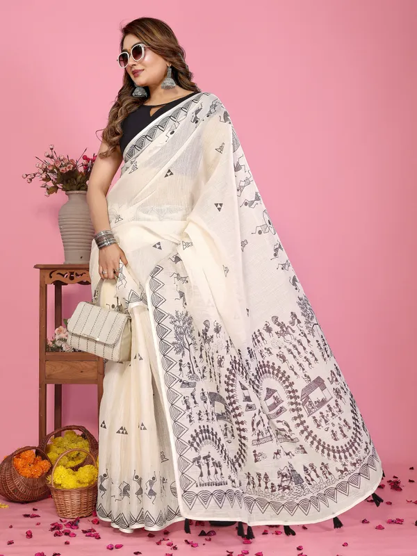 Soft_Linen_Cotton_Warli_Print_Designer_Saree_(Product_Code:-80044)