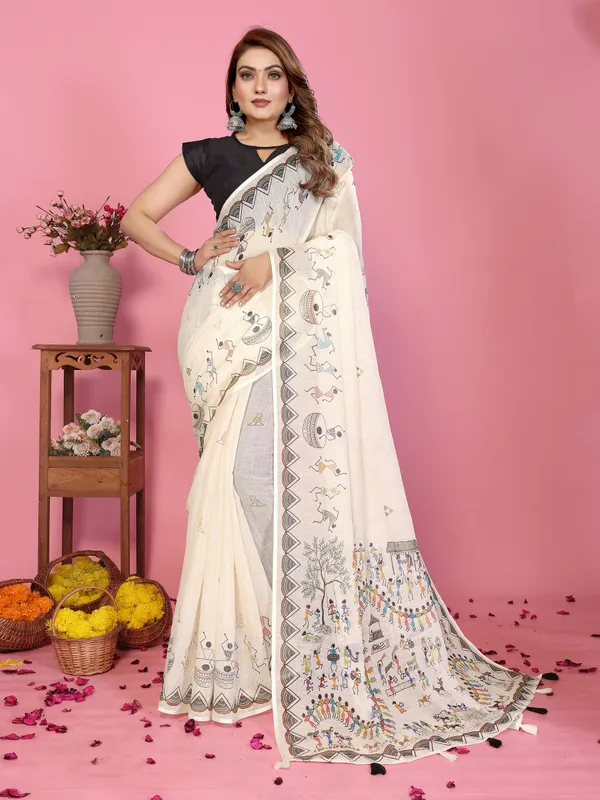 Soft_Linen_Cotton_Warli_Print_Designer_Saree_(Product_Code:-80044)