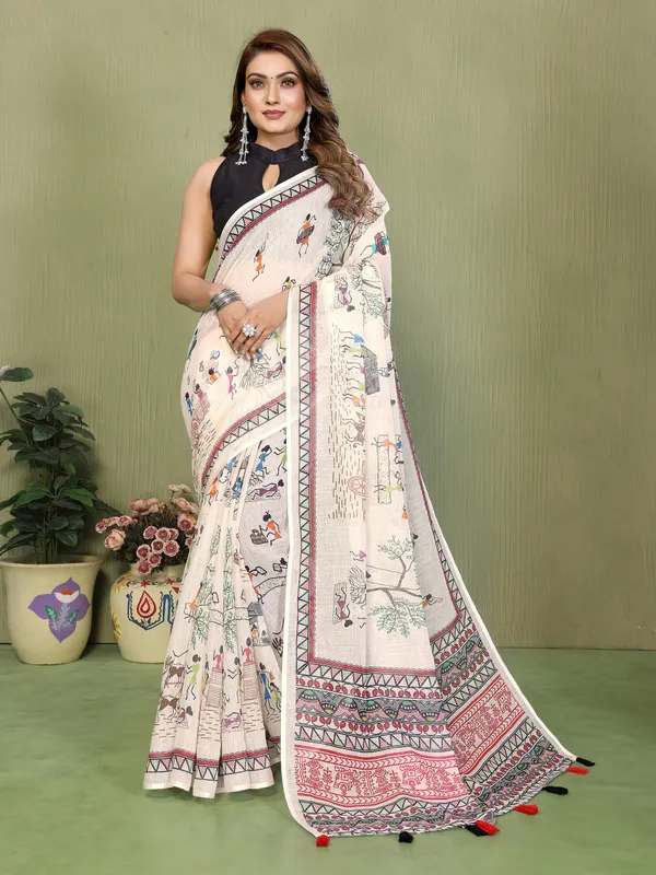 Soft_Linen_Cotton_Warli_Print_Designer_Saree_(Product_Code:-80045)