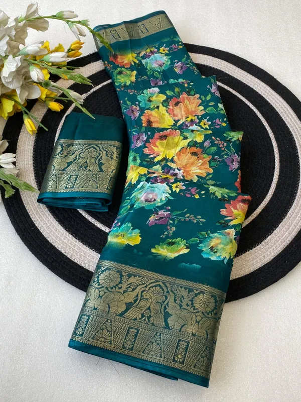 Teal_Blue_Color_Premium_Dola_Floral_Print_Designer_Saree_(Product_Colod_:-_90021)
