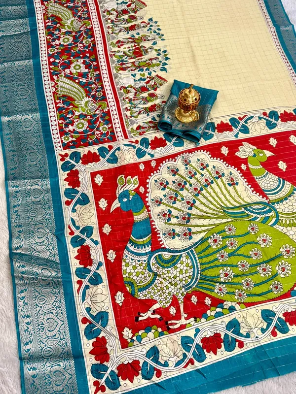 Teal_Blue_Color_Premium_Soft_Dola_Kalamkari_Checked_Print_Saree_(Product_Code:-90015)