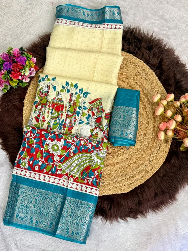 Teal_Blue_Color_Premium_Soft_Dola_Kalamkari_Checked_Print_Saree_(Product_Code:-90015)