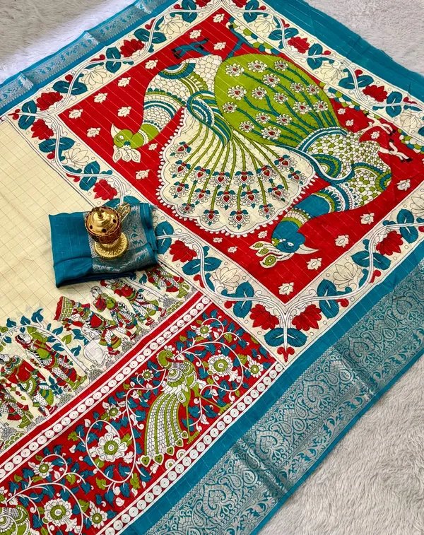 Teal_Blue_Color_Premium_Soft_Dola_Kalamkari_Checked_Print_Saree_(Product_Code:-90015)