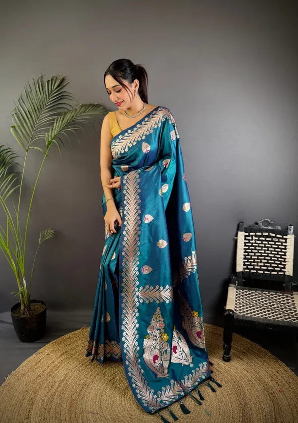 Teal_Blue_Color_Soft_Banarasi_Silk_Gold_Zari_Meenakari_Weaving_Saree_(Product_Code:-_30024)