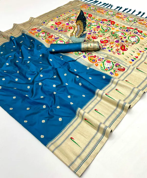 Teal_Blue_Color_Soft_Paithani_Silk_Meenakari_Peacock_Weaving_Saree_(Product_Code:-10045)