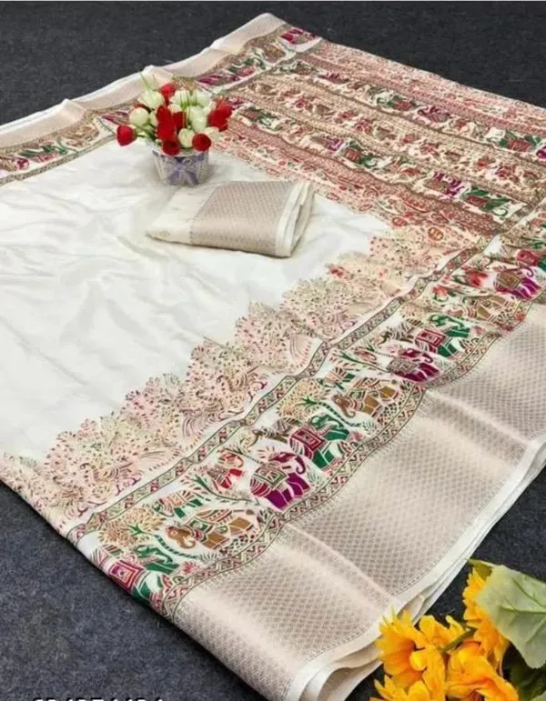 White_Color_Dola_Dobby_Foil_Gold_Zari_Border_Printed_Saree_(Product_Name:-90001)