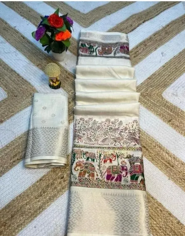 White_Color_Dola_Dobby_Foil_Gold_Zari_Border_Printed_Saree_(Product_Name:-90001)