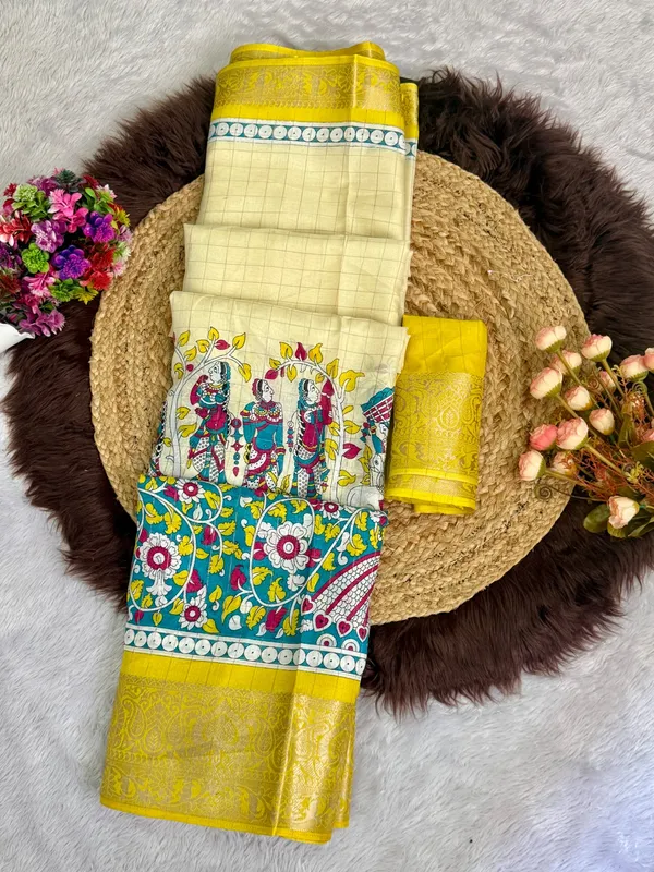 Yellow_Color_Premium_Soft_Dola_Kalamkari_Checked_Print_Saree_(Product_Code:-90013)