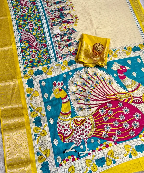 Yellow_Color_Premium_Soft_Dola_Kalamkari_Checked_Print_Saree_(Product_Code:-90013)