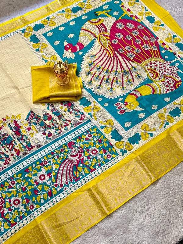 Yellow_Color_Premium_Soft_Dola_Kalamkari_Checked_Print_Saree_(Product_Code:-90013)