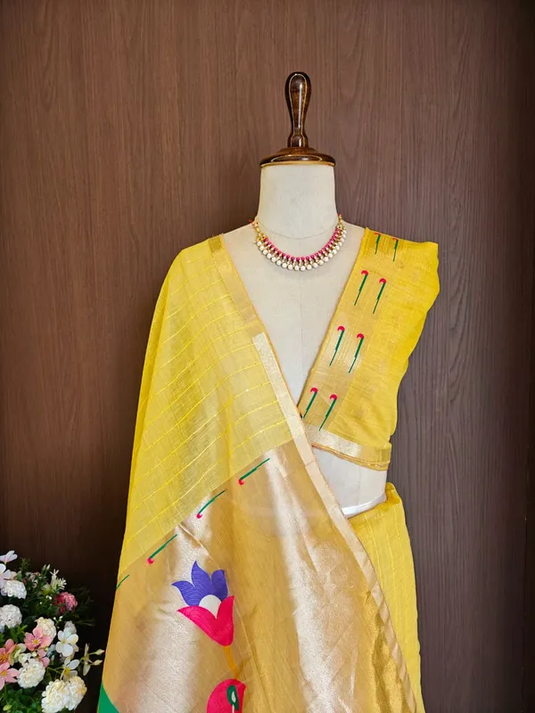 Yellow_Color_Premium_Soft_Muga_Cotton_Tissue_Paithani_Saree_(Product_Code:-_130005)