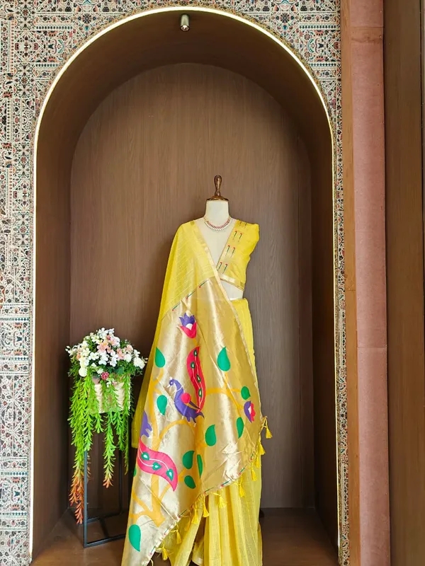 Yellow_Color_Premium_Soft_Muga_Cotton_Tissue_Paithani_Saree_(Product_Code:-_130005)