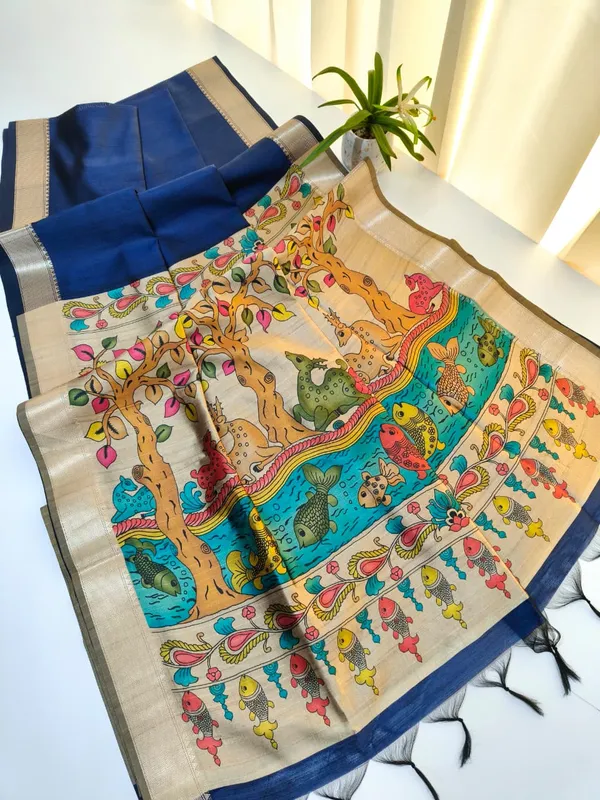 royal_blue_Color_Soft_Khadi_Raw_Silk_Kalamkari_Saree_(Product_Code:-110007)