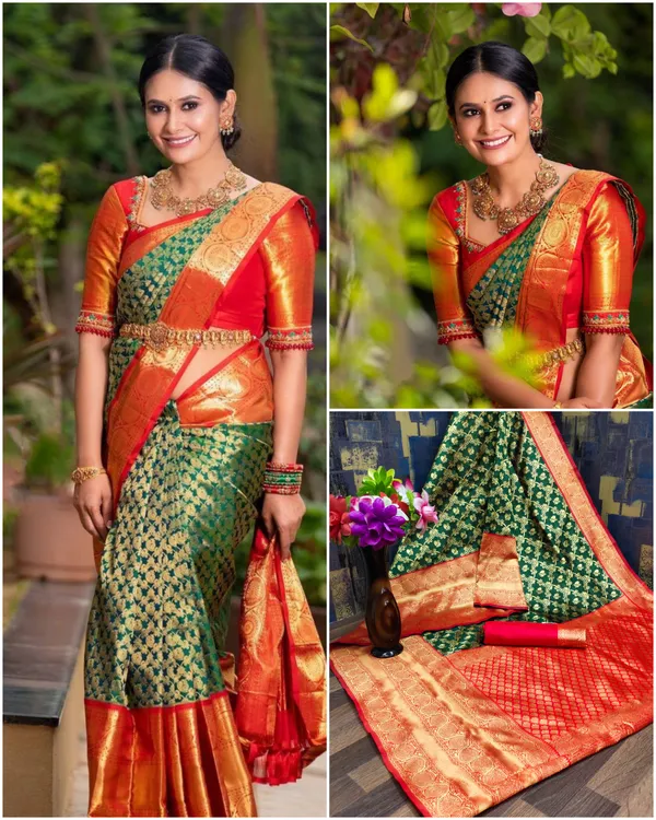 Dark_Green-Red_Banarasi_Soft_Lichi_Silk_Saree_For_Women