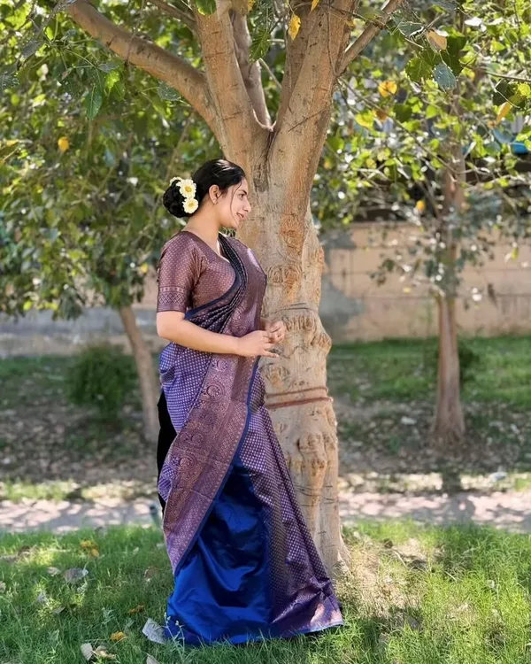 Navy_Blue_Banarasi_Soft_Lichi_Silk_Saree_For_Women