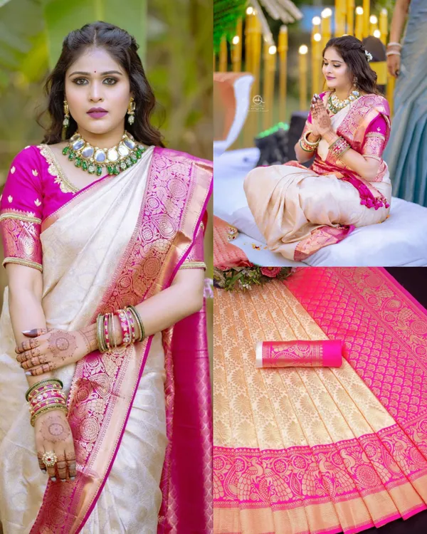 Cream-Pink_Soft_Lichi_Silk_Saree_For_Women