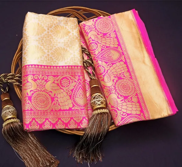 Cream-Pink_Soft_Lichi_Silk_Saree_For_Women