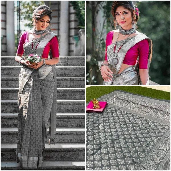 Grey_Soft_Lichi_Silk_Saree_For_Women