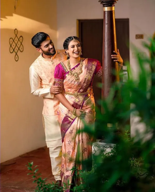 Peach_Banarasi_Soft_Lichi_Silk_Saree_For_Women