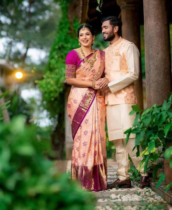 Peach_Banarasi_Soft_Lichi_Silk_Saree_For_Women