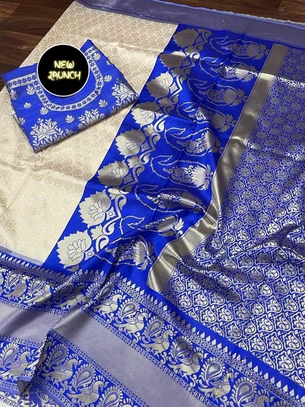 Cream-Royal_Blue_Saree_For_Women
