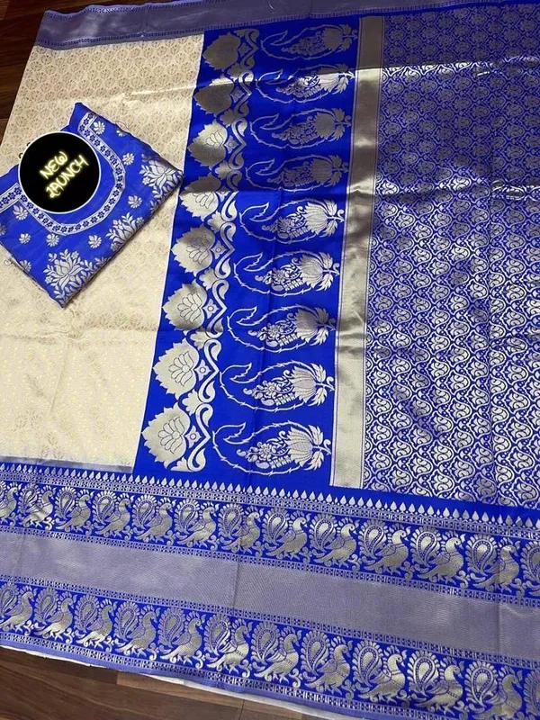 Cream-Royal_Blue_Saree_For_Women