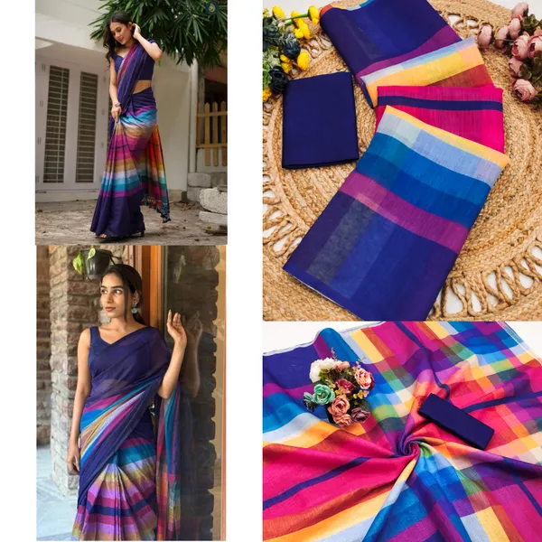 Blue_Linen_Cotton_Saree_For_Women