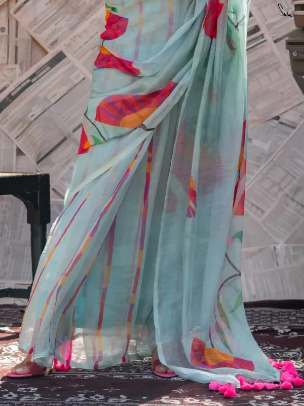 Aqua_Blue_Linen_Cotton_Saree_For_Women
