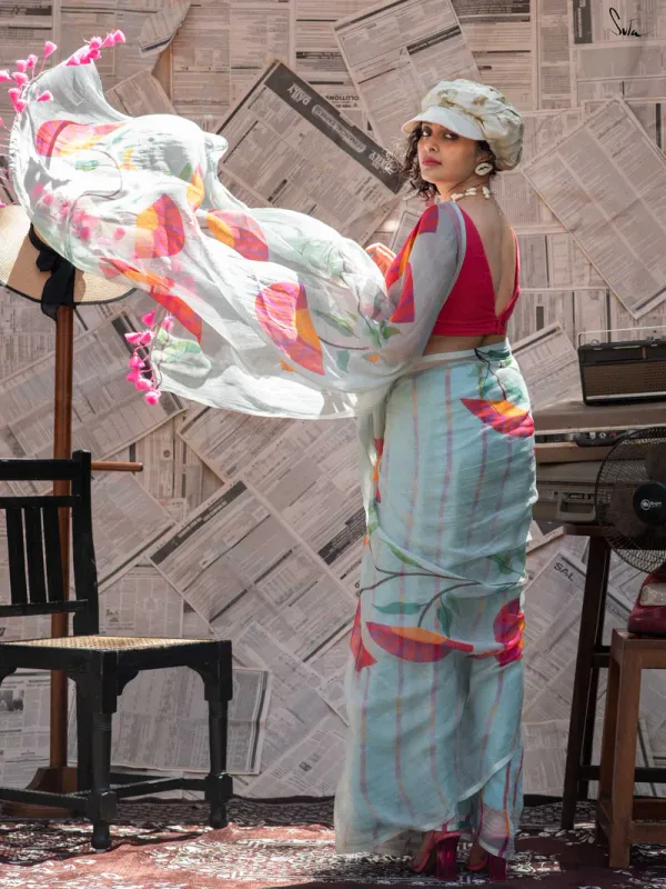 Aqua_Blue_Linen_Cotton_Saree_For_Women