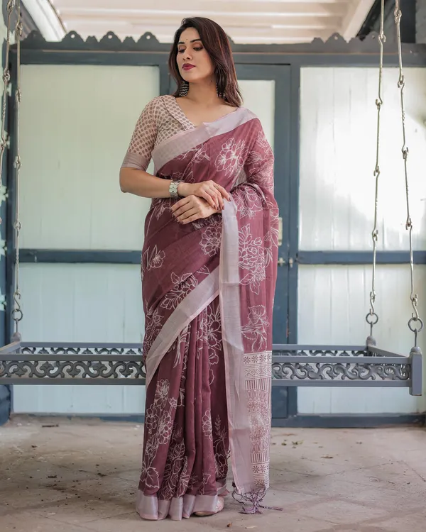 Wine_Linen_Cotton_Saree_For_Women