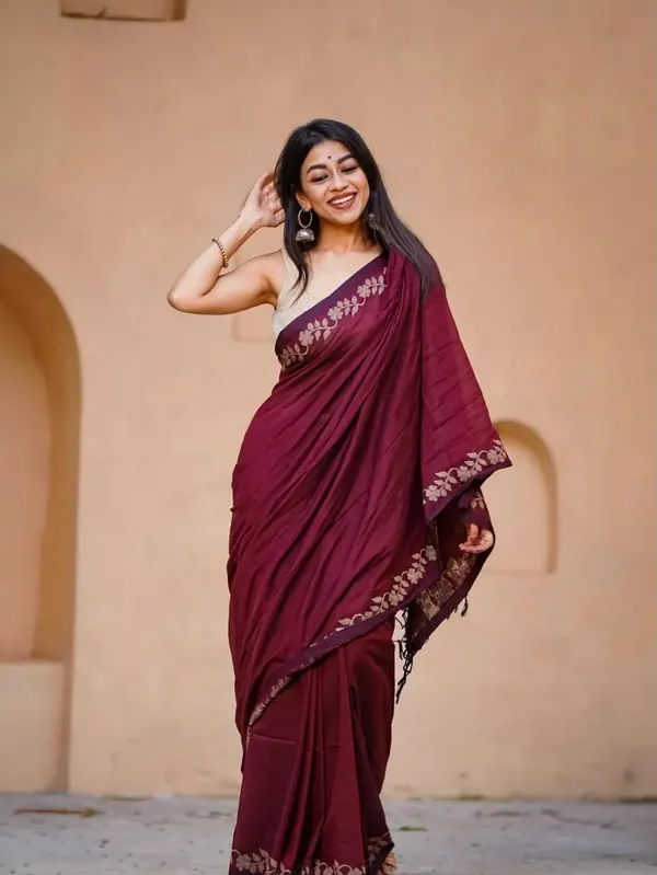 Maroon_Linen_Cotton_Saree_For_Women