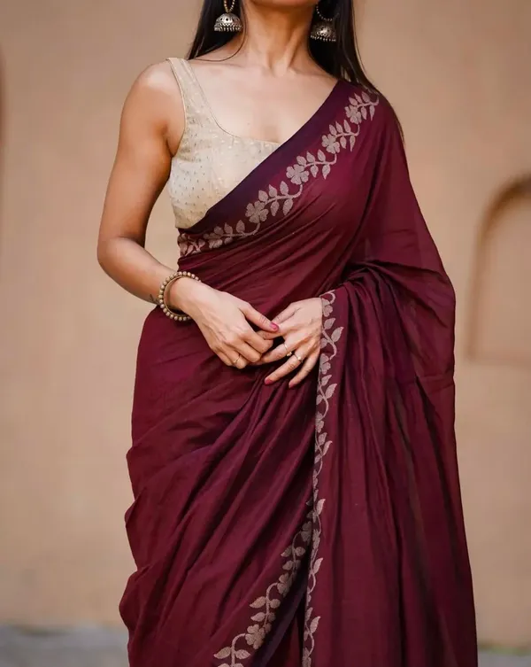 Maroon_Linen_Cotton_Saree_For_Women