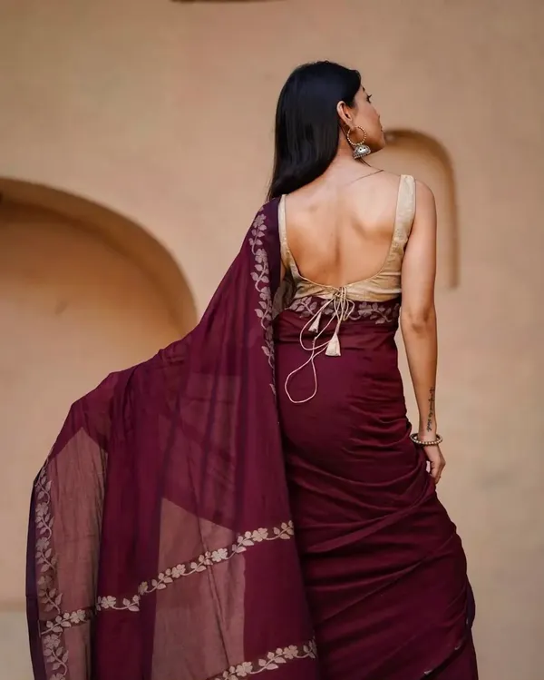 Maroon_Linen_Cotton_Saree_For_Women