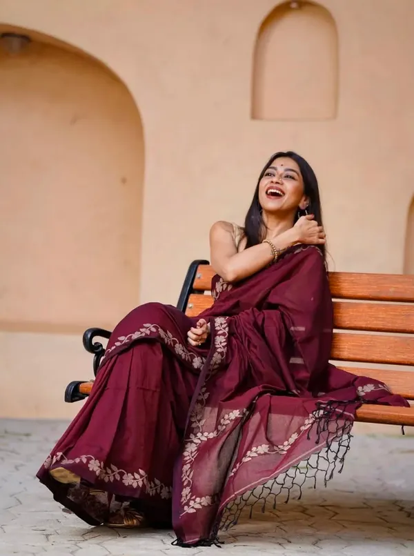 Maroon_Linen_Cotton_Saree_For_Women