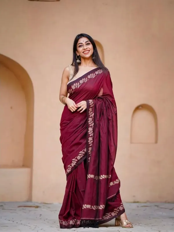 Maroon_Linen_Cotton_Saree_For_Women