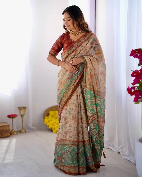 Cream_Linen_Cotton_Saree_For_Women