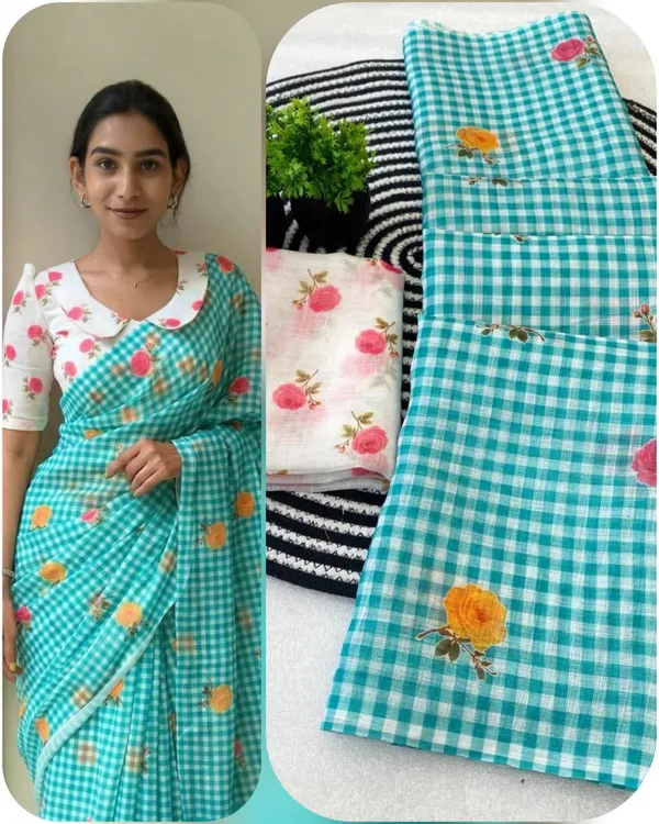 Turquoise_Blue_Linen_Cotton_Saree_For_Women