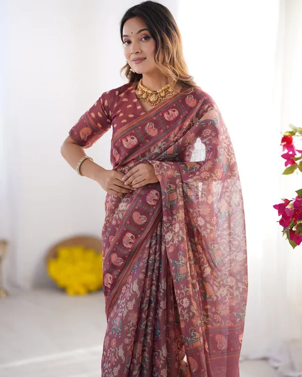 Maroon_Linen_Cotton_Saree_For_Women