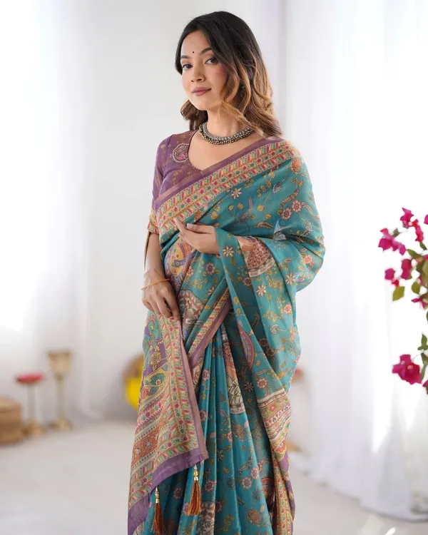 Teal_Blue_Linen_Cotton_Saree_For_Women