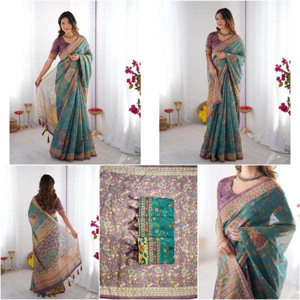 Teal_Blue_Linen_Cotton_Saree_For_Women