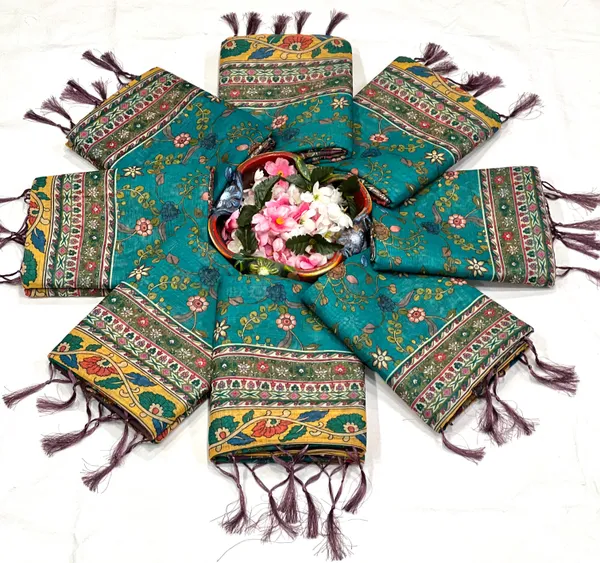 Teal_Blue_Linen_Cotton_Saree_For_Women