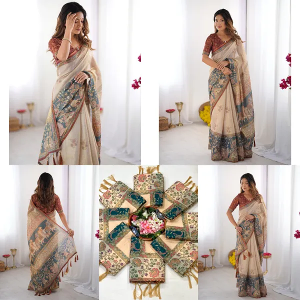 Cream_Premium_Linen_Cotton_Saree_For_Women
