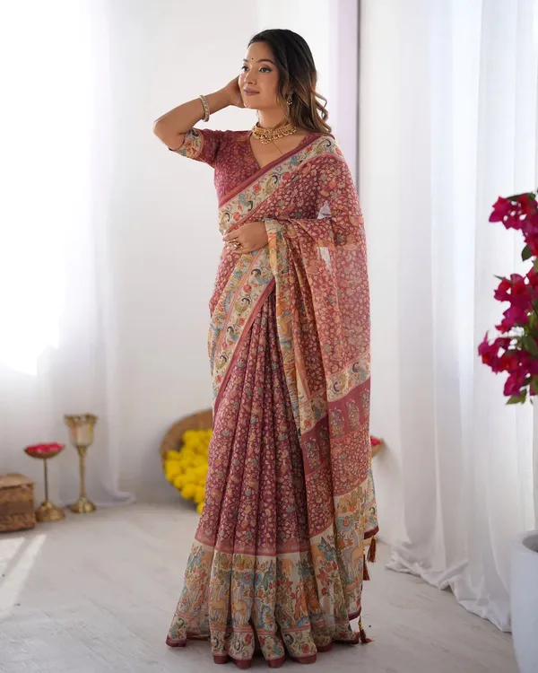 Red_Premium_Linen_Cotton_Saree_For_Women