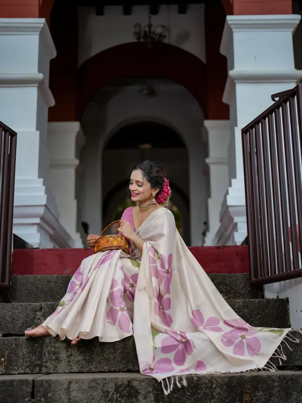 White_Premium_Linen_Cotton_Saree_For_Women