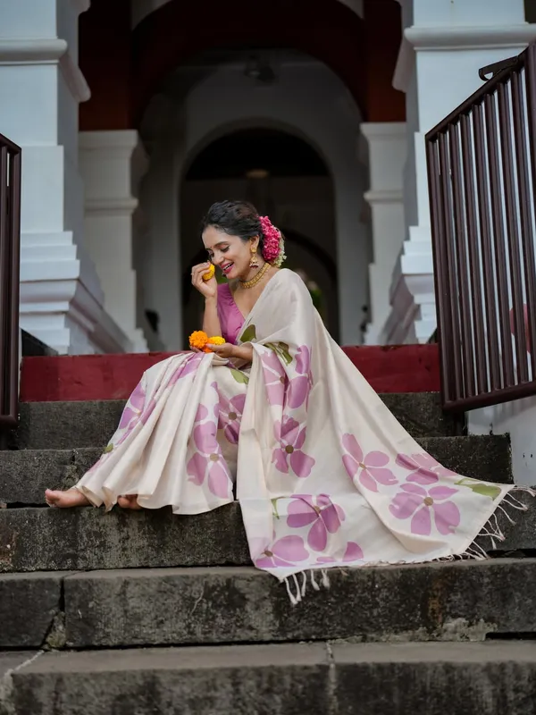 White_Premium_Linen_Cotton_Saree_For_Women
