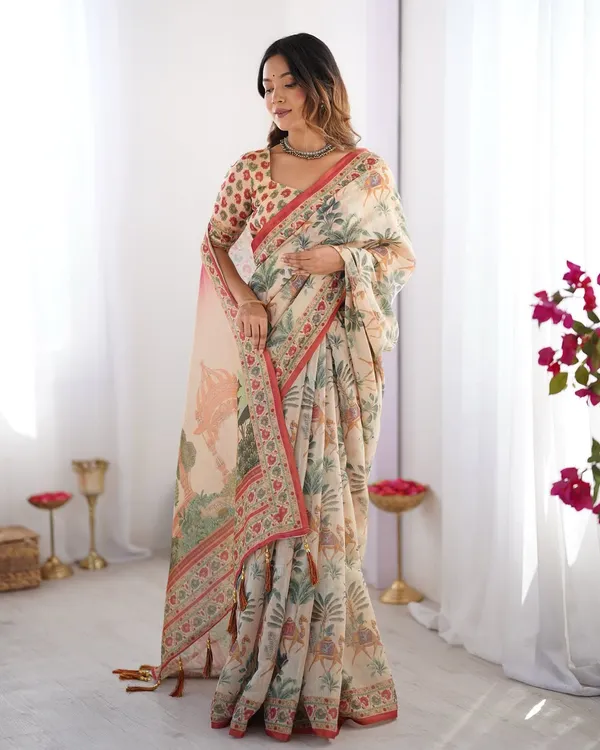 Peach_Premium_Linen_Cotton_Saree_For_Women